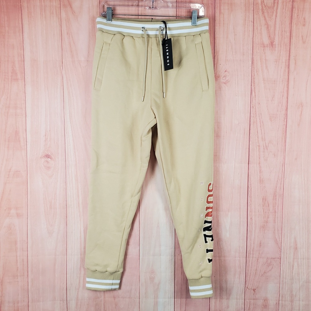 Sonneti London Varsity Jogger Pants Men Small Tan Graphic Spellout Logo Athletic